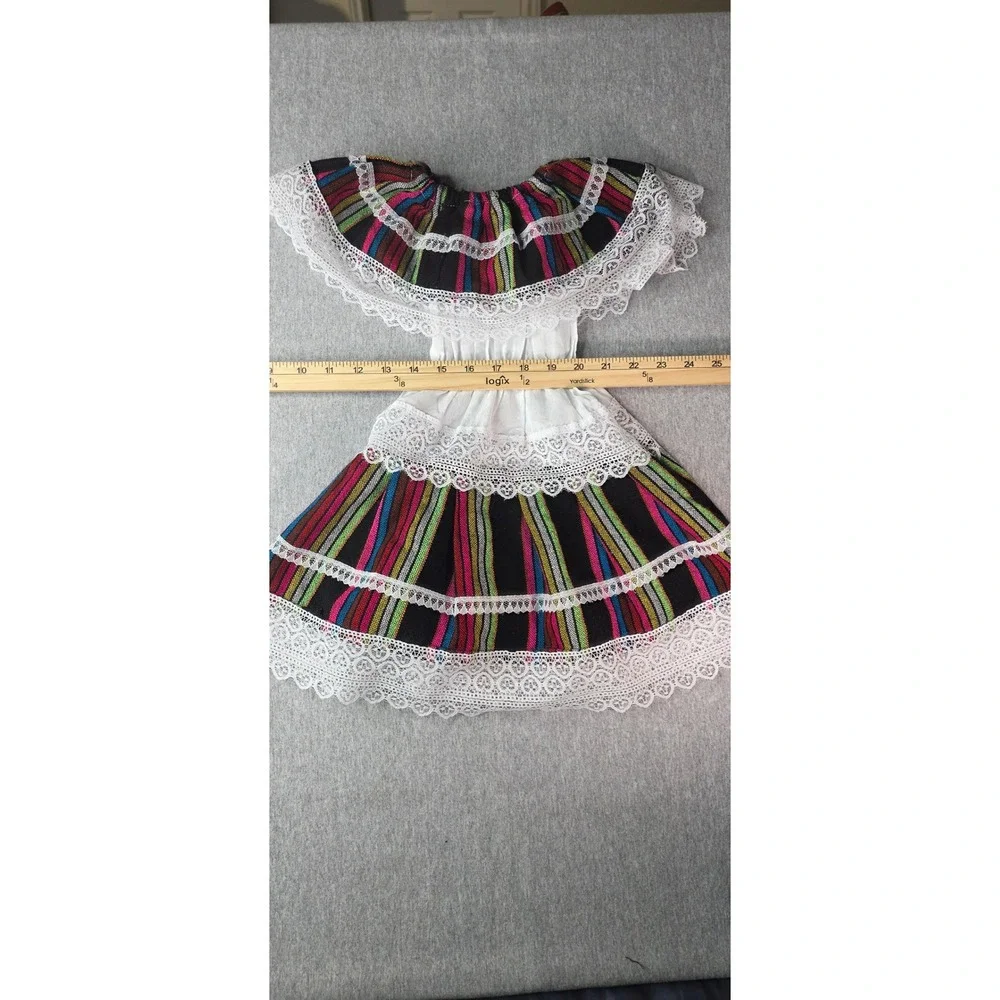 Girls Mexican Folklorico Dress Multi Color Striped Lace Trim Off Shoulder Black